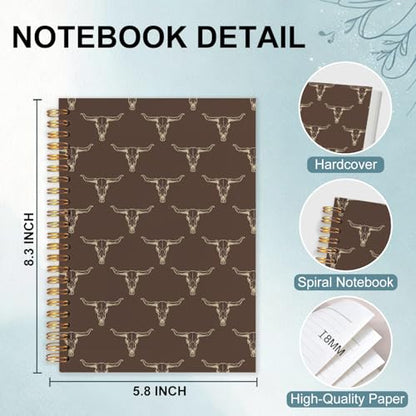 Brown Western Spiral Notebook，Cowboy Gifts for Men,Western Office Supplies - color: White Longhorn Skull Western