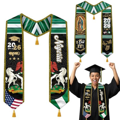 Graduation Stole Class of 2026 Reversible Sash with Gold Glitter Trim and Tassels V-Neck 72 Inch Satin - color: Nigeria & America