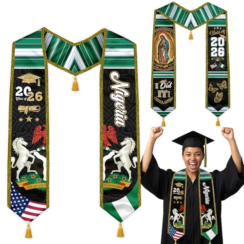Graduation Stole Class of 2026 Reversible Sash with Gold Glitter Trim and Tassels V-Neck 72 Inch Satin - color: Nigeria & America