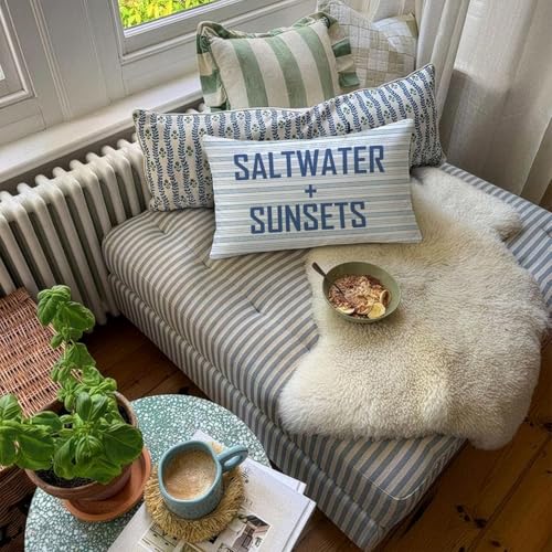 Blue Coastal Beach 12x20 Pillow Cover, Coastal Home Room Decor - color: 02-saltwater + Sunsets(white01)