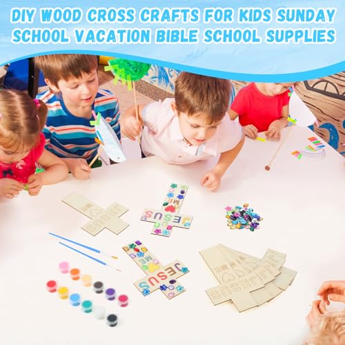 Blueweenly 20 Pcs DIY Wood Cross Crafts for Kids Sunday School Vacation Bible School Supplies Jesus Love Me Religious Christian Craft with Stickers Paint Unfinished Cross Gift for Church