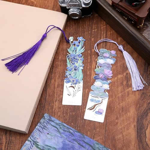 2 Metal Bookmarks with Tassel, Oil Painting Water Lilies and Irises - style: 《Water Lilies》 and 《Irises》
