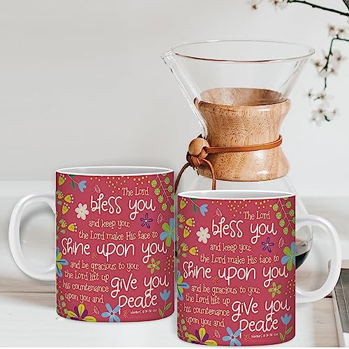 Christian Coffee Mug with Gift Box, 12 oz Ceramic, with Bible Verse - color: Pink / Bless You