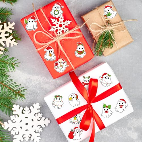 BeYumi Christmas Cute Ghost Stickers - 1000Pcs Christmas Cute Ghost Rolled Stickers in 2 Rolls Xmas Red Santa Hat Boo Adhesive Waterproof Vinyl Decals Holiday Party School Envelope Scrapbooking Decor - style: Christmas Boo