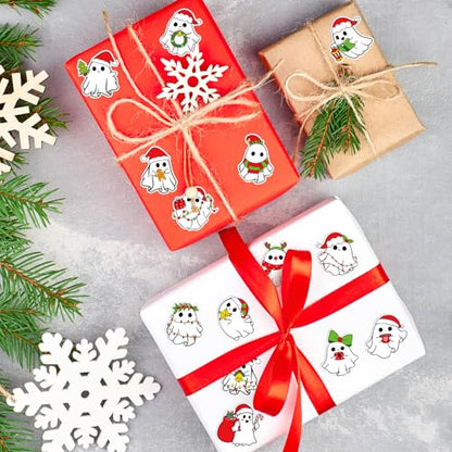 BeYumi Christmas Cute Ghost Stickers - 1000Pcs Christmas Cute Ghost Rolled Stickers in 2 Rolls Xmas Red Santa Hat Boo Adhesive Waterproof Vinyl Decals Holiday Party School Envelope Scrapbooking Decor - style: Christmas Boo