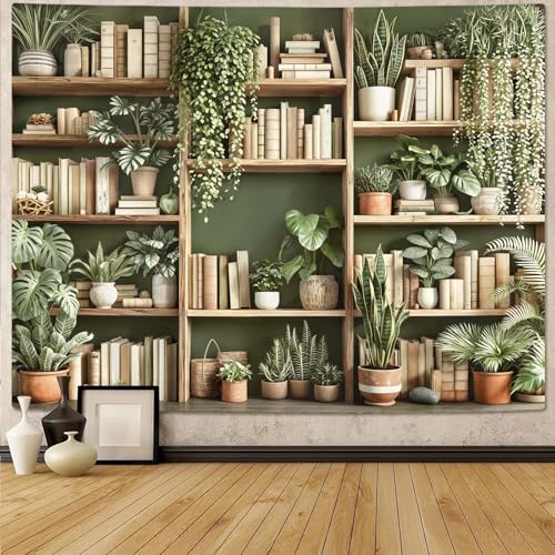 Accnicc Green Plant Bookshelf Tapestry Botanical Bookshelf Tapestries Wall Hanging Modern Potted Plants Bookshelf Backdrop Large Tapestry for Bedroom Living Room Dorm 80 x 60 inch - color: Beige Green, size: 80"L x 60"W