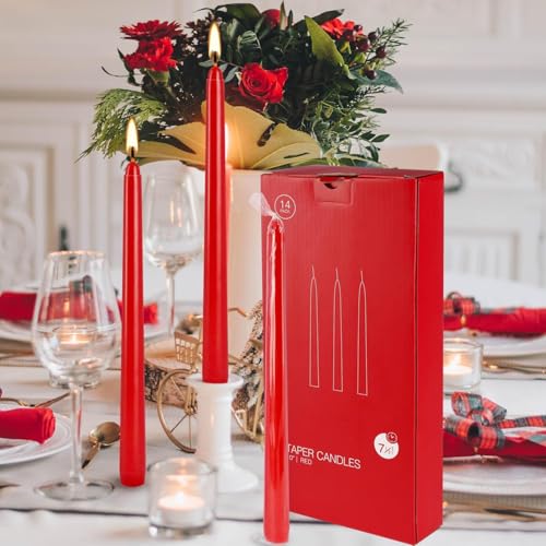 14 Pack Glowing Red Tapers Candles- 10-Inch unscented Candles for 8 Hours of Festive Magic, Perfect for Weddings,Valentine's Day, New Year Celebrations… - color: Red-12