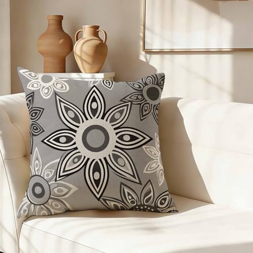 Boho Geometric Throw Pillow Cover,Grayscale Mandala Floral Pattern Decorative Pillow Case,Neutral Ethnic Cotton Linen Cushion Case for Home Decor 18 * 18 Inch - color: Settype06