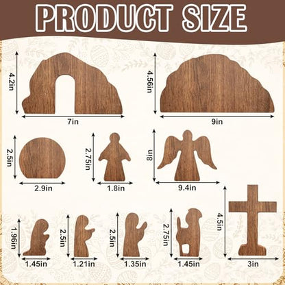 JarThenaAMCS Empty Tomb Easter Table Scene and Cross Decoration Wooden Jesus Nativity Scene He is Risen Centerpiece for Christian Party Home Tabletop Tray Decor, Set of 10 Pcs