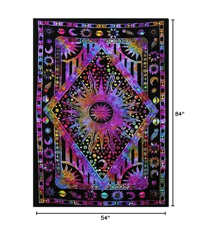 Popular Handicrafts Wall Hanging Tapestry For Bedroom Hippie Sun Moon Bohemian Hippy Psychedelic Design Indian Tapestries Bedspread 54 x 82 Inches (140cm x 210cm) Multicolor Tie Dye - color: Multi Color, size: 84"L x 54"W