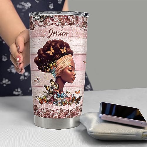 SANDJEST Personalized Black Queen Tumbler Faith Bible 20oz 30oz Tumblers with Lid Gift for African American Afro Black Girl Encouragement Birthday Women Day - color: Black Woman 1