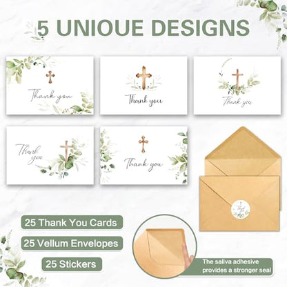 25 Pack Thank You Cards with Envelopes, 4x6in, Blank Inside - color: Green