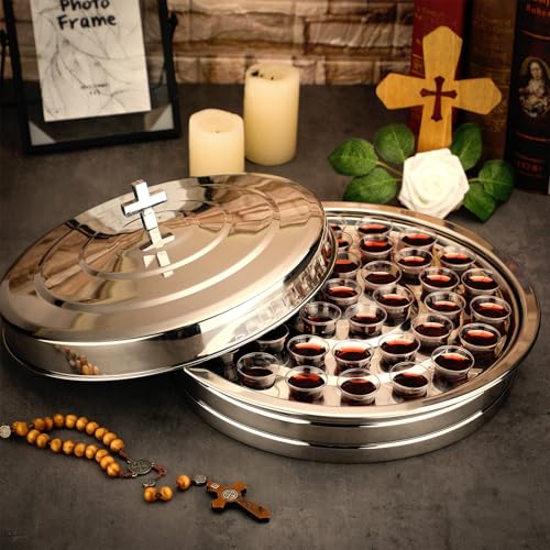 Jingmore Communion Tray - 5 Layers Holy Wine Serving Trays & 1 Pcs Cover Lid, Silver Stainless Steel Stackable Communion Ware Cup Plates for Church