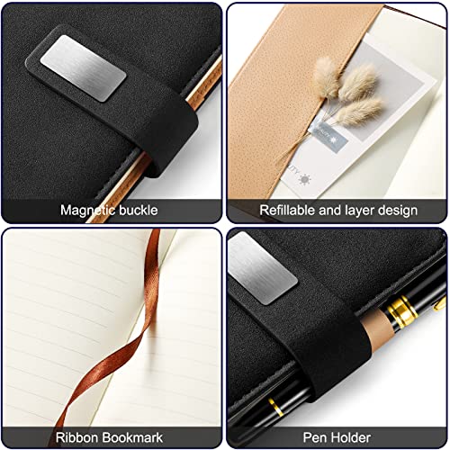 A5 Lined Leather Notebook and Pen Set with Gift Box, 240 Pages Refillable Journal with Pocket and Magnetic Buckle, Hardcover Daily Diary for Men and Women Business Travel Personal Writing- Black - color: Black