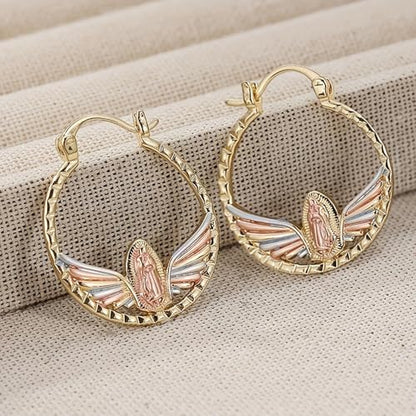 Tri-Color Our Lady of Guadalupe Hoop Earrings for Women Religious Jewelry - color: Three Tone