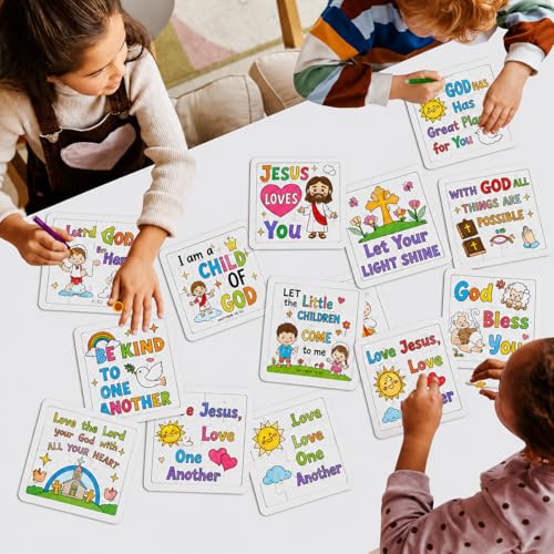 Cinrobiye 24 Pcs Christian Coloring Jigsaw Puzzle Crafts Bulk DIY Religious Inspirational Bible Activities Jesus Loves You Faith Art Projects for VBS Sunday School Church Party Favors - color: Christian