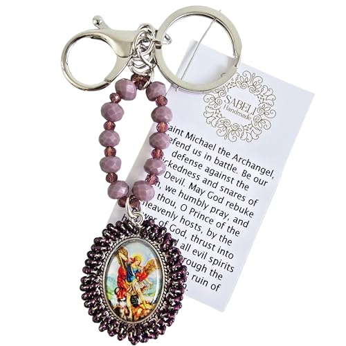 Sabeli Handmade Keychain Clip Holder - Catholic Rosary Bead Prayer - Religious Gifts Men Women - Llavero Catolico Regalo - color: Archangel Michael Purple
