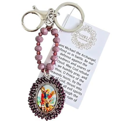 Sabeli Handmade Keychain Clip Holder - Catholic Rosary Bead Prayer - Religious Gifts Men Women - Llavero Catolico Regalo - color: Archangel Michael Purple