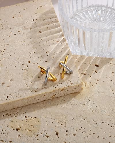 Small Two Tone Stud Earrings for Women Trendy Gold and Silver Minimalist Cross Earring Dainty Earrings Mixed Metal Jewelry Gifts for Daily Wear，3 Styles - style: Minimalist Studs-3