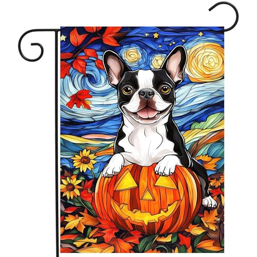 Stained Glass Boston Terrier Fall Garden Flag Halloween Pumpkin Yard Signs Autumn Sunflower Thanksgiving Banner for Outside 12x18 Double Sided Small Dog Outdoor Decorative - color: autumnboston