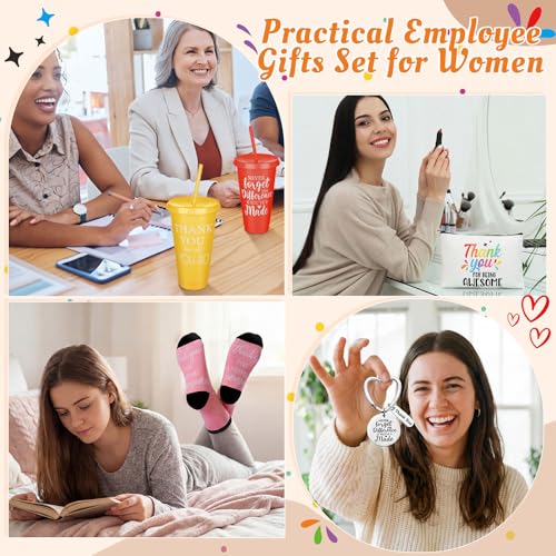 Funnymoom 24 Pcs Employee Appreciation Gifts Bulk for Women 24 oz Plastic Tumbler Cup Inspirational Makeup Cosmetic Bag Crew Sock Keychain Thank You Gift for Teachers School Staff Team Coworker - style: Employee