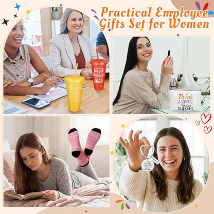 Funnymoom 24 Pcs Employee Appreciation Gifts Bulk for Women 24 oz Plastic Tumbler Cup Inspirational Makeup Cosmetic Bag Crew Sock Keychain Thank You Gift for Teachers School Staff Team Coworker - style: Employee