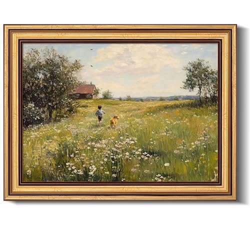 Gold Framed Vintage Canvas Wall Art Spring Meadow Wildflowers Landscape Painting Picture Wall Decor Farmhouse Boy Dog Poster Print Artwork for Living Room Bedroom Bathroom Home Decoration - color: Meadow Wildflowers, size: 11"L x 9"W