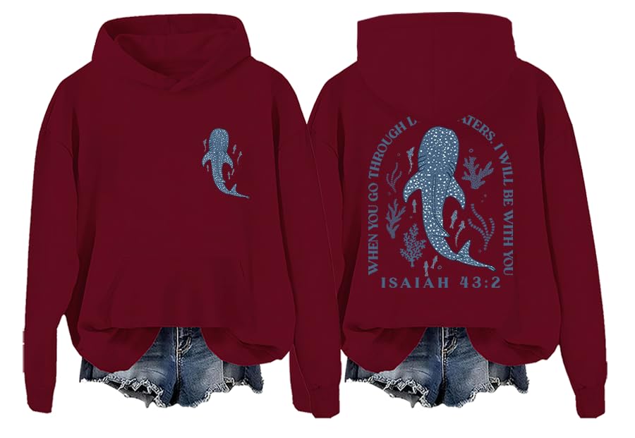 Christian Hoodie for women Whale Shark Beach Ocean Seaside Hoodies - color: Claret, size: XX-Large
