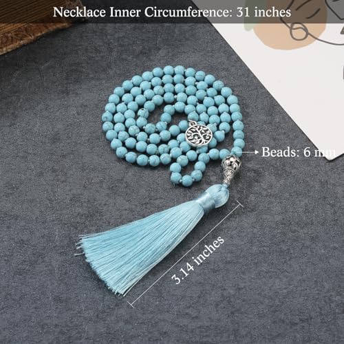 INBLUE 108 Mala Prayer Beads Wrap Necklace with Long Tassel Boho Necklace for Women Amazonite Bead Bracelet with Spiritual Tree of Life Pendant 108 Beads Necklace for Meditation - color: Natural Turquoise