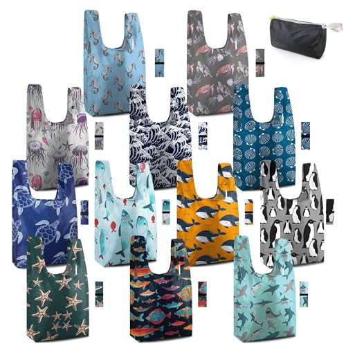 BeeGreen Marine Animal Reusable Grocery Bags Bulk Gifts 12-Pack - Large Tote with Zipper Pouch | Foldable & Washable Polyester Shopping Bags Heavy Duty Animal Lover Gifts Reusable Bag With Handles - color: Marine Animals - Blue, Gray, Dark Blue, Black, Gr