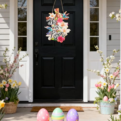 Easter Door Sign - Christian Religious Jesus Cross Wall Signs Door Wreath Sign Hanging for Home Wall Party Outdoor Indoor Supply Decor Gifts 14.6×11.4 Inch