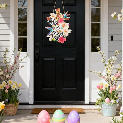 Easter Door Sign - Christian Religious Jesus Cross Wall Signs Door Wreath Sign Hanging for Home Wall Party Outdoor Indoor Supply Decor Gifts 14.6×11.4 Inch