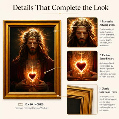 Sacred Heart of Jesus Gold Framed Canvas Wall Art, 12x16 Inch - color: Black And White-8, size: 16"L x 12"W