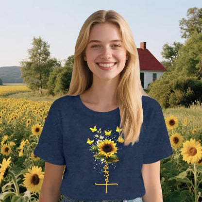 Womens Christian Shirts Faith Cross Sunflower Butterfly T-Shirt Bible Verse Religious Tee Tops - color: Blue, size: Small