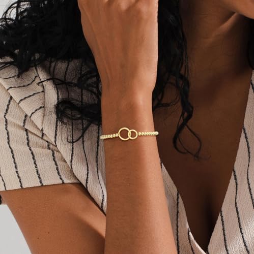 Gold Bracelets for Women 14K Gold Plated Bead Bracelet Hypoallergenic Stretch Bracelets for Women Elastic Bracelet Trendy Teen Gift Dainty Jewelry for Women - style: Two Circle