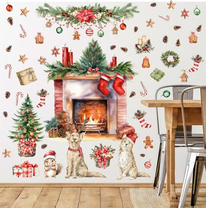 Merry Christmas Wall Stickers Xmas Pine Tree Fireplace Art Decal Decoration - color: Red