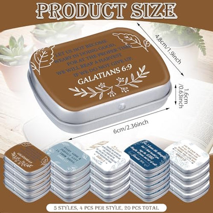 Willinglong 20 Pcs Metal Bible Mint Tins 5 Style Small Christian Gifts Box Bulk for Good Friday Easter Sunday School Vbs Giveaways Thanksgiving Bible Verse Metal Box for Candy Jewelry Crafts Storage