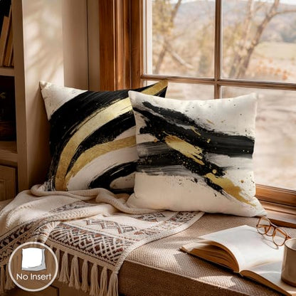 OBSEDE Abstract Black Gold Ink Brush Throw Pillow Covers 18 x 18 Set of 4 - color: Gold Ink Abstract Brushstrokes, size: 18" x 18" (Pack of 4)