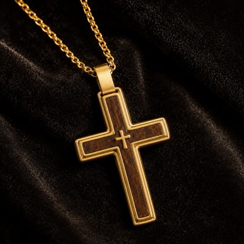14K Gold Plated Wood Cross Necklace for Men Christian Pendant Jewelry - color: A02-Cross