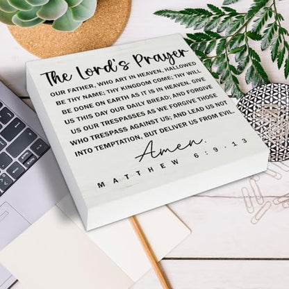 Christian Decor, Bible Verses Decor, the Lords Prayer Scripture Wood Sign Christian Wall Art Religious Decoration for Home Living Room Bedroom Office Desk Shelf Wall Table 5 X 5 Inch
