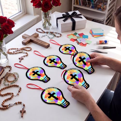 Renbuzhu 48PCS Sunday School VBS Crafts Bulk: Paper Lightbulb Cross Nativity Suncatchers, Jesus Religious Christian Activity DIY Kits Church Decorations, Window Stained Glass Effect Art Supplies - style: bulb cross