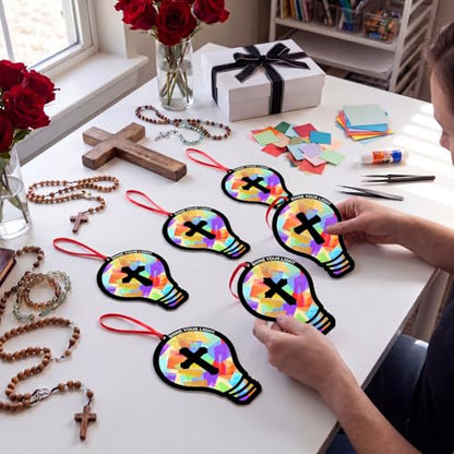 Renbuzhu 48PCS Sunday School VBS Crafts Bulk: Paper Lightbulb Cross Nativity Suncatchers, Jesus Religious Christian Activity DIY Kits Church Decorations, Window Stained Glass Effect Art Supplies - style: bulb cross