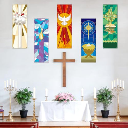 5 PCS Religious Church Banners Church Banners for Sanctuary Wall Welcome Religious Praise Hanging Sign Decorations for Holiday Churches Sunday School Decor Supplies 2 x 6 ft