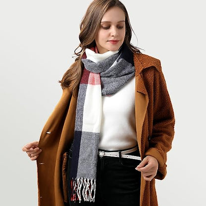 Clothirily Womens Winter Scarf, Oversized Long Blanket Plaid Shawl Wrap - color: Red Blue Lattice
