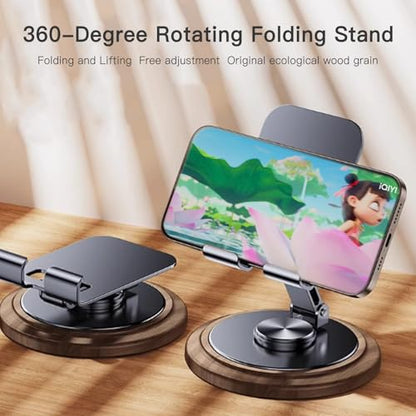 Adjustable Cell Phone Stand,360 Rotating Foldable Desktop Cellphone Stand with Anti-Slip Base Portable Phone Holder for iPhone 16 15 14 13 Pro Max, All Smart Phones, iPad (Wood)