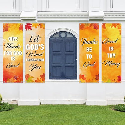 4Pcs Church Banners for Sanctuary Wall Welcome Inspirational Religious Banners Hanging Backdrop Fall Thanksgiving Maple Leaves Church Banner with Scripture Bible Verses Banner for Holiday School Decor - style: Orange Red Leaves