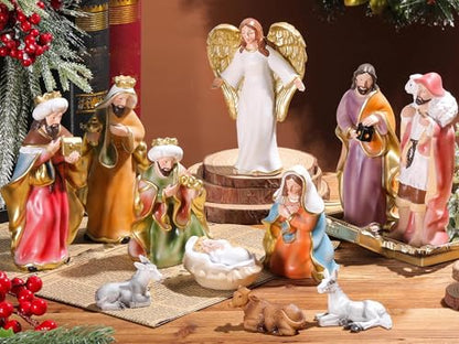 Cinnvoice 11 Pcs Christmas Nativity Gift Set Resin Nativity Scene Figurine Set 7 Holy Family Statue for Indoor Decoration Jesus Manger Sculpted Religious Gift for Xmas Family Home Tabletop