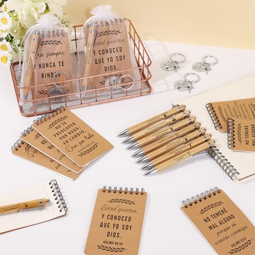 40 Pcs Spanish Christian Gifts Bulk Religious Notebooks Bible Verse Ballpoint Pens Inspirational Keychain Organza Bag Regalos Cristianos En Español for Women Men Sunday Church Party