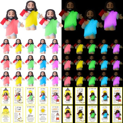CroBlissful 30 Sets Mini Jesus Figurines Bulk Christian Glow in The Dark with Let Your Light Shine Cards for Christian Sunday School Religious Party Favor Halloween(Holding A Book) - style: Holding A Book