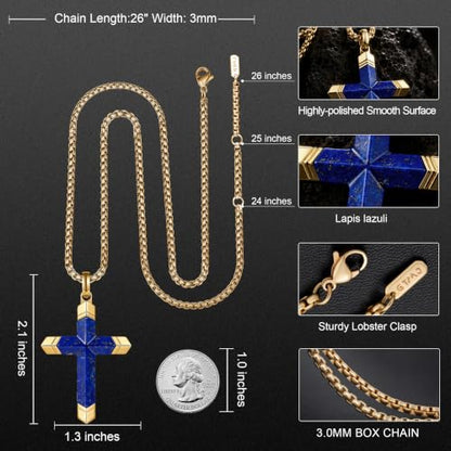 Lapis Lazuli/Amethyst Cross Necklace for Men Waterproof and Sweat-Resistant Suitable for both men and women With Adjustable Box Chain Christian Jewelry Father Day Gifts for Men - color: Blue&Gold
